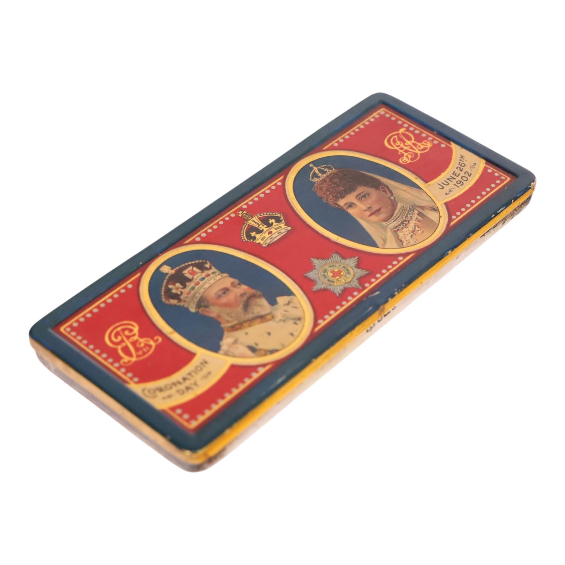 Edwardian silver and enamel Coronation chocolate box, the lid enamelled with oval portraits of King Edward VII and Queen Alexandra and inscribed: Coronation Day June 26th 1902, hallmarked Sheffield 1901 Cooper Brothers and Sons, in original presentation case

