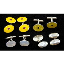 Pair of oval silver, yellow and red enamel cufflinks by Deakin & Francis Ltd, Birmingham 2002, one other pair of silver and enamel cufflinks hallmarked and two further pairs stamped 925