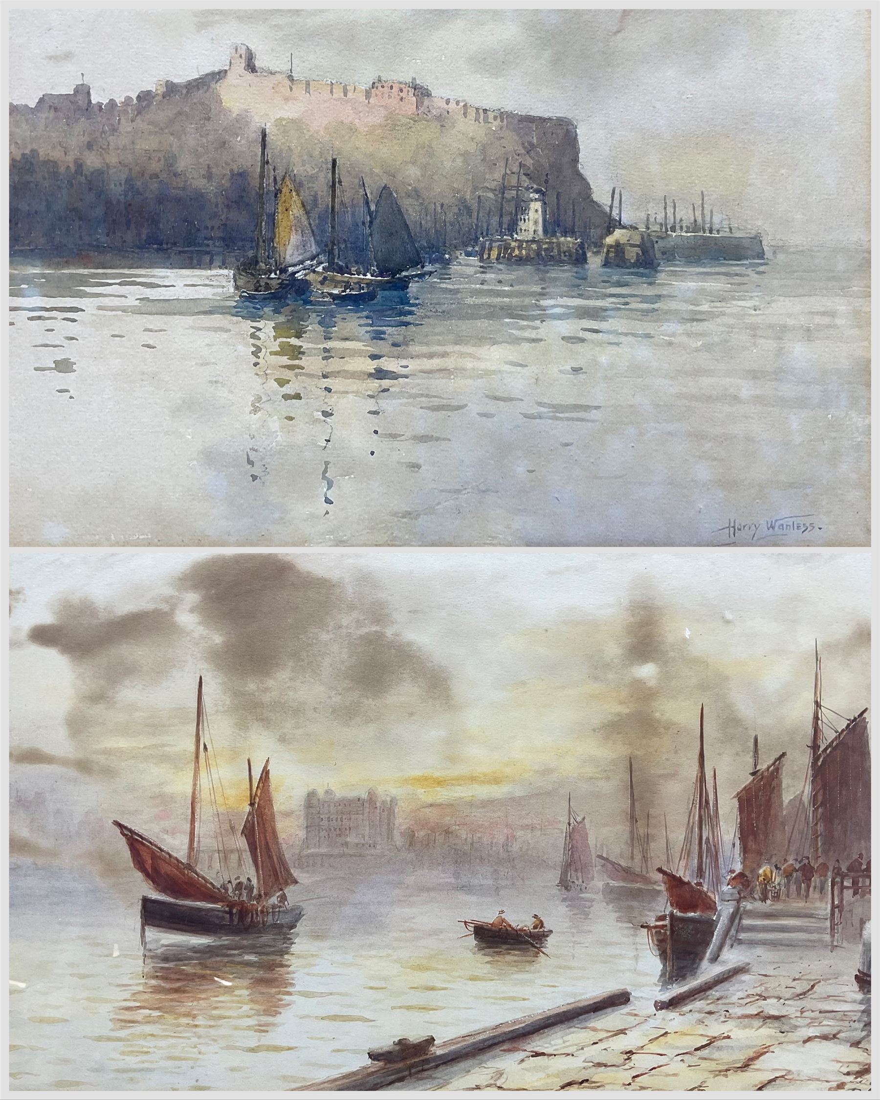 Joseph Eaman (British 1853-1907): View to Scarborough with Grand Hotel, watercolour signed 28cm x 47cm; Harry Wanless (British c1872-1934): Scarborough Castle and Harbour, watercolour signed 23cm x 32cm (2)