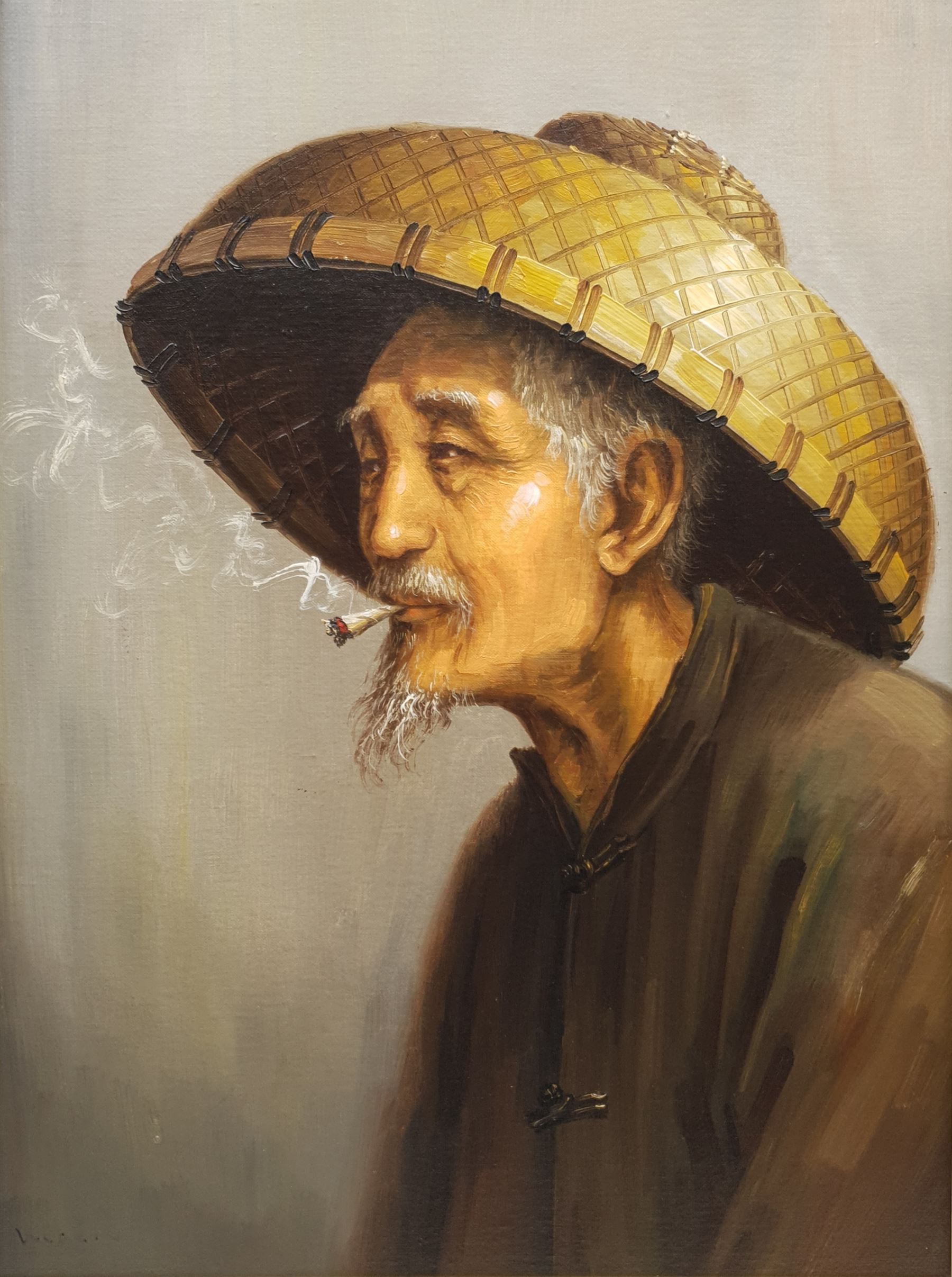 Oriental School (20th century): Portrait of a Chinese Man Smoking, oil on board indistinctly signed 59cm x 44cm
