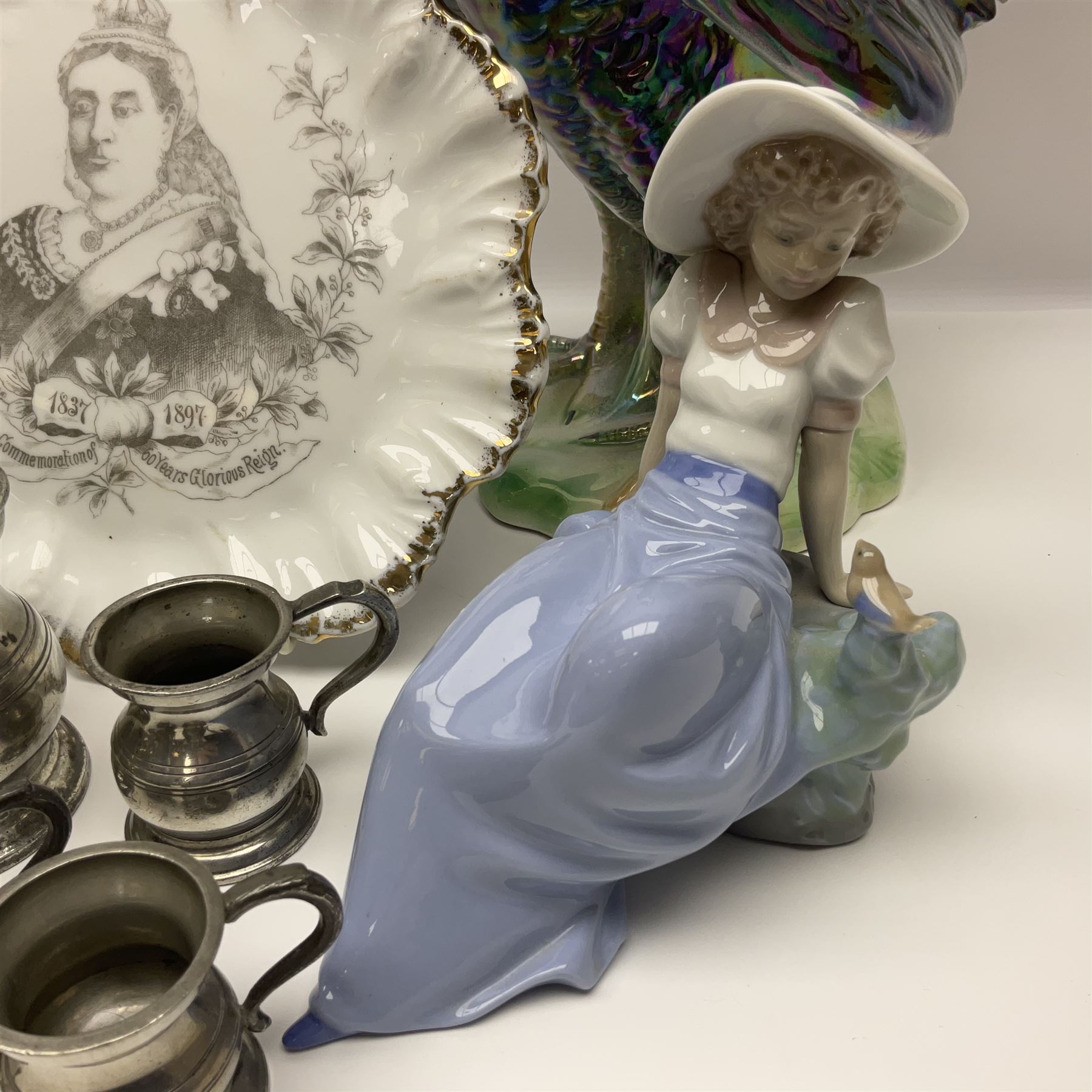 Nao figure of a lady '1042', commemorative Queen Victoria plate, pewter measures, Edinburgh crystal decanter with thistle decoration, Wood and Sons limited edition figure commemorating 150 years of the R.N.L.I numbered 321 of 5000 and a cockerel figure