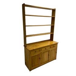 Treske - ash dresser, raised three height plate rack over three drawers and three panelled cupboards