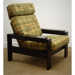  Ebonised upholstered armchair, W78cm, H94cm, D83cm  