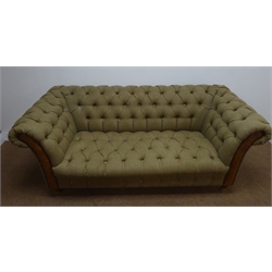  Large two seat Chesterfield style sofa, upholstered in Scottish wool tweed with leather fascias, turned supports on brass castors, W200cm  
