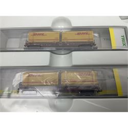 Trix Minitrix 'N' gauge - No.15272 DHL five-car set; boxed; and No.13982 set of three Cargo goods wagons; boxed (2)