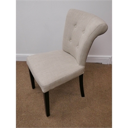  Set four dining chairs, upholstered in a grey buttoned fabric, tapering supports (W47cm) and a white finish chest, three drawers  