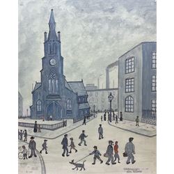 C A Bell Knight (British 20th Century) after Laurence Stephen Lowry (British 1887-1976): 'A Street Scene (St Simons Church)', oil on board signed and dated 1990, 59cm x 47cm