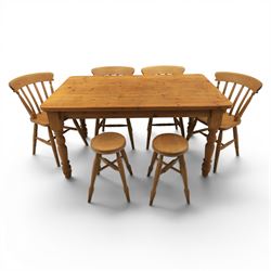 20th century traditional pine dining table together with four chairs and two stools