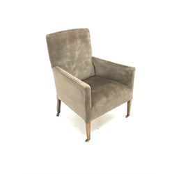 Edwardian armchair, upholstered in a deep beige fabric, square tapering supports