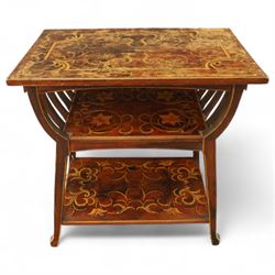 19th century mahogany coal scuttle, shaped raised back carved with shell fan motif, swing front enclosing original removable metal liner with handle, panelled front with cast drop handle, over slatted undertier (H 65cm, W 33cm, D 34cm)
Early 20th century mahogany magazine table, rectangular top and undertier decorated with gilt foliate and scroll marquetry, shaped pierced side rails forming magazine divisions, on square tapering supports (H 70cm, W 71cm, D 45cm)