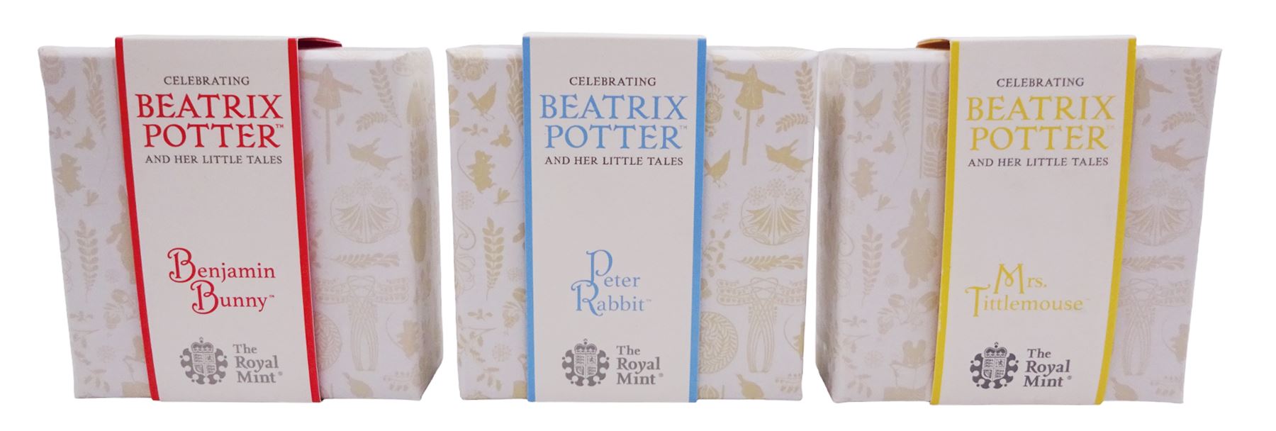 Three The Royal Mint United Kingdom Beatrix Potter silver proof fifty pence coins, 'Benjamin Bunny', 'Mrs Tittlemouse' and 'Peter Rabbit' all cased with certificates