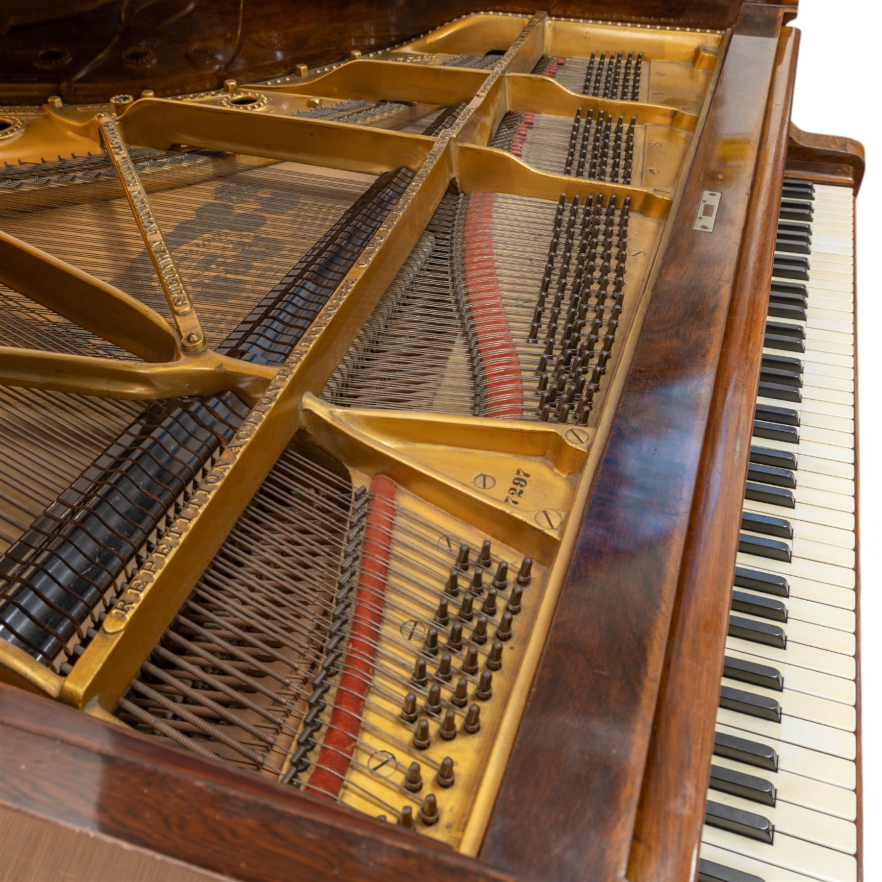 Steinway & Son, New York & Hamburg- Model B, overstrung Drawing Room Grand Piano in a rosewood case, Serial No 87297 (1896/7), with 85 ivory covered and ebony keys A0-A7(7 octaves) with an adjustable fretted music desk, brass fittings and pedals, Steinway “Fireplug” straight columnar and fluted legs with roller castors and conforming lyre, duplex stringing with agraffs, bass strings copper wound with a steel core, steel tuning pins, original Steinway action, hammers, keys, felts, and dampers, with una-corda, sostenuto and sustain pedals, Overstrung iron frame detailing numerous Steinway patents, awards, and features. Tuned to Concert pitch (A=440). 
With an adjustable single stool. 

This item has been registered for sale under Section 10 of the APHA Ivory Act HLB1KY67