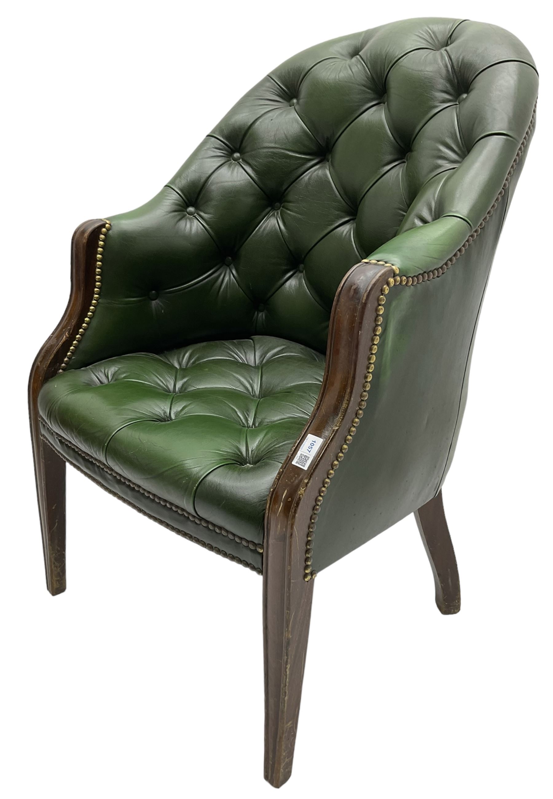 19th century design mahogany framed chesterfield library chair, upholstered in buttoned green leather with studwork, on square tapering supports