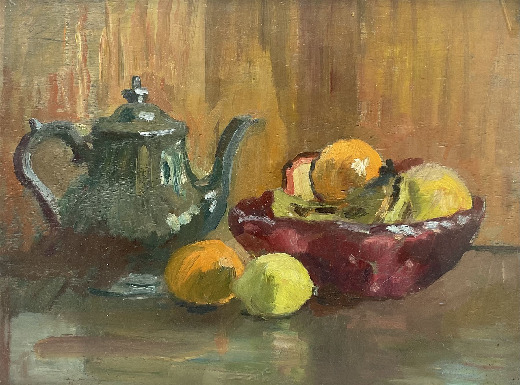 Faith Tresidder Sheppard (British 1920-2008): Still Life of Teapot and Fruit, oil on board inscribed with secondary still life verso 34cm x 45cm