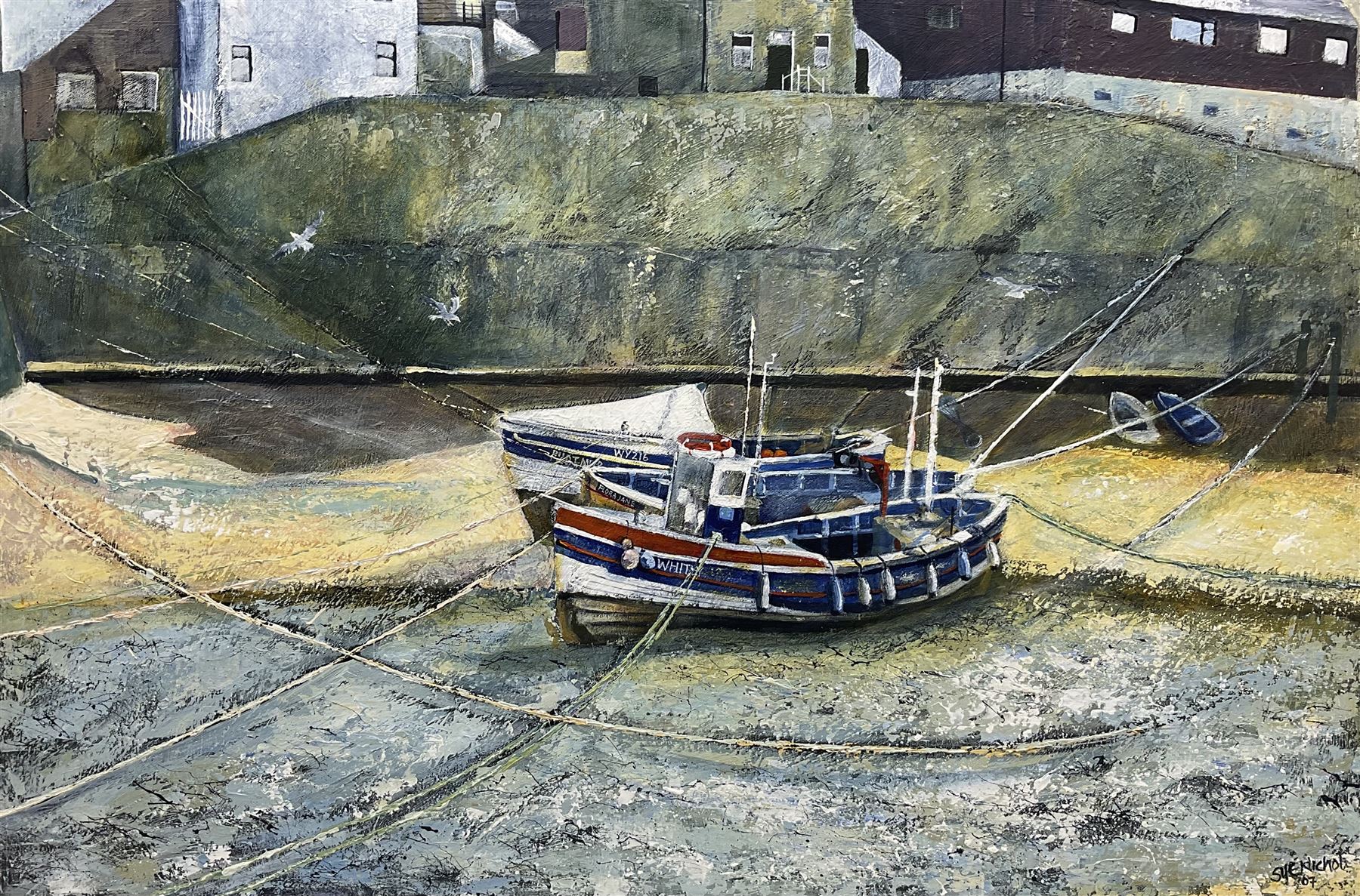 Sue Nichol (Northern British Contemporary): Low Tide at Staithes, acrylic on canvas signed and dated '07, 61cm x 92cm (unframed)