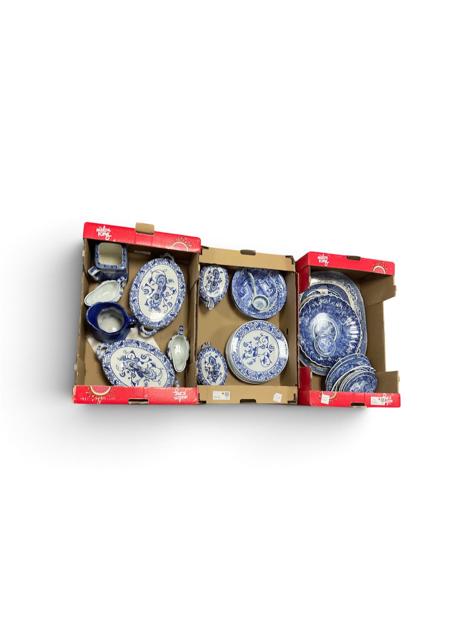 Collection of blue and white ceramics including Spode Italian pattern, covered tureens, jugs etc, in three boxes 