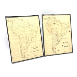  Hand drawn and coloured Map of the Countries of South America, signed J.D. Young and a similar Map of the geography initialled T.G?, both with Latitude and Longitude lines, pen, ink and pencil, 32.5cm x 42.5cm (2)  