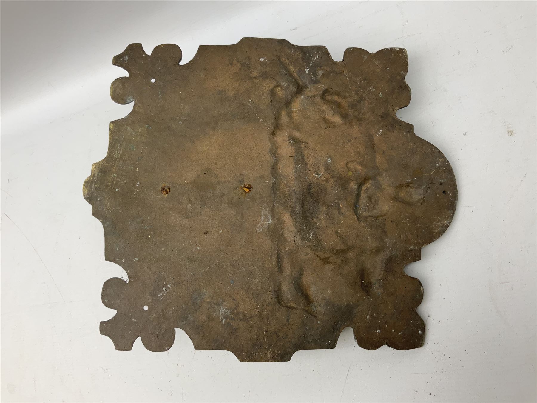 18th Century style cast bronze wall sundial, decorated with Neptune riding a chariot drawn by two sea horses, with spurious date of 1705, H34cm