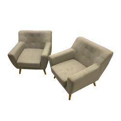 Pair of armchairs upholstered in light grey linen fabric, beech legs