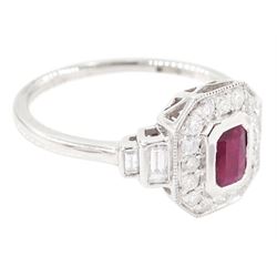 Platinum ruby and diamond ring, single octagonal cut ruby of approx 0.60 carat, with milgrain set round brilliant cut diamond surround and baguette cut diamond shoulders, hallmarked, total diamond weight approx 0.45 carat