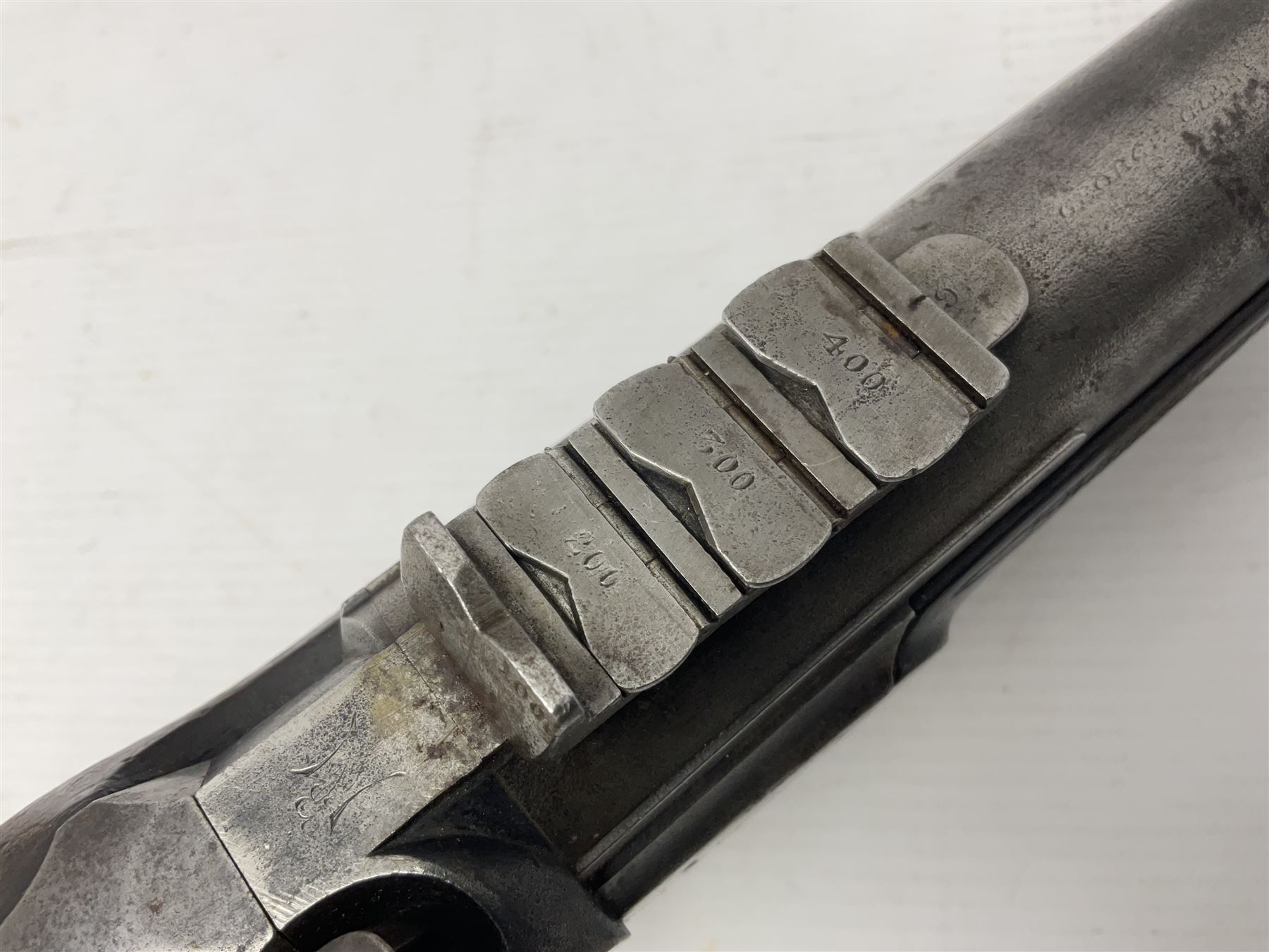 19th century George Gibbs of Bristol .461 cal. muzzle loading percussion match rifle with 28cm cut-down barrel and cut-down stock, Metford type rifling, fitted with additional three folding leaf rear sight to 400yds, back action sight still fitted to tang, maker's name to lock and top of barrel, serial no.439. L46.5cm overall