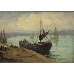 James Watson (Staithes Group 1851-1936): Unloading the Nets, oil on panel signed 24cm x 34cm