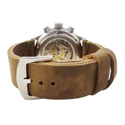 Poljot Sturmanskie gentleman's manual wind chronograph wristwatch, Cal. P3133, silvered dial with Arabic hour markers, black subsidiary dials and skeleton back case, on brown leather strap