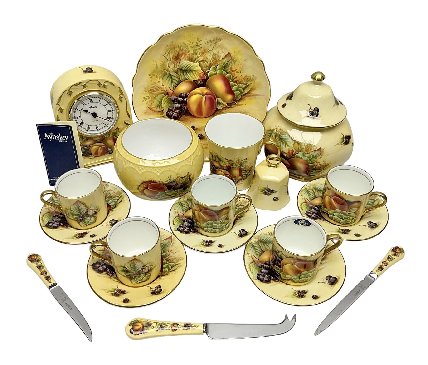 Aynsley Orchard Gold five coffee cans and saucers, mantel clock, plate etc 