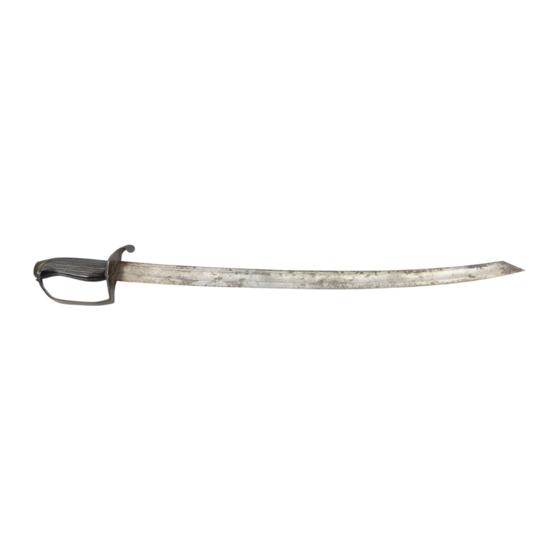Georgian short sword, with 64cm curved single edge blade, iron guard with side loop and fluted ebony grip, with leather scabbard, L76cm