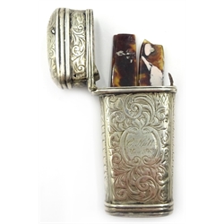  Victorian silver etui engraved with scrollwork, inscribed 'G Nutt May 1863', Birmingham 1855, H6cm, a silver overlay clear glass scent bottle inscribed 'Mary Nutt 1907' a silver Thimble in case, Chester 1901 and another (4)  
