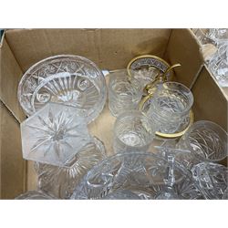 Large collection of glassware, to include twelve wine glass set, twelve champagne flutes, eight brandy glasses, two decanters etc, in three boxes  