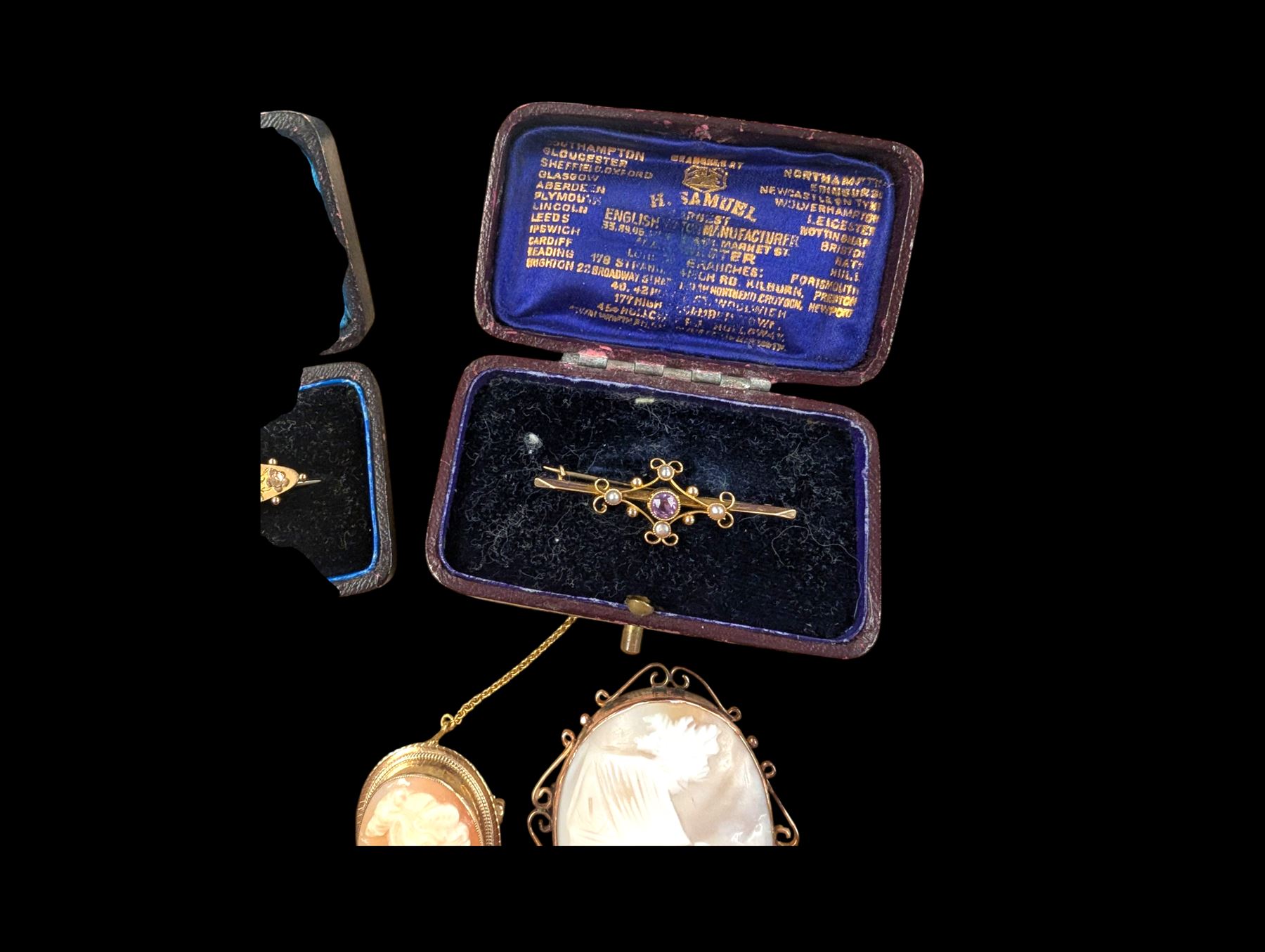 Collection of 9ct gold jewellery, including cameo brooches and ring and silver blue john brooch, silver necklace, etc