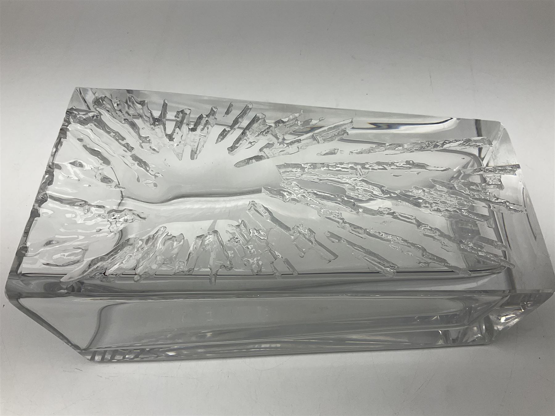 Daum clear crystal glass vase of square sleeve form decorated with stylised sunburst motif, engraved signature to the reverse H25cm