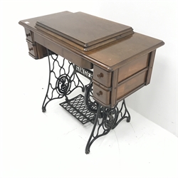 Singer Treadle sewing machine, four drawers, wrought iron base, W91cm, H77cm, D44cm