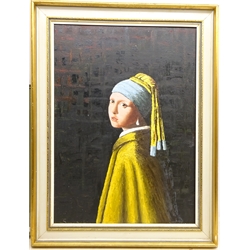  Girl with a Pearl Earring, 20th century oil on canvas board after Johannes  Vermeer unsigned 68cm x 49cm   