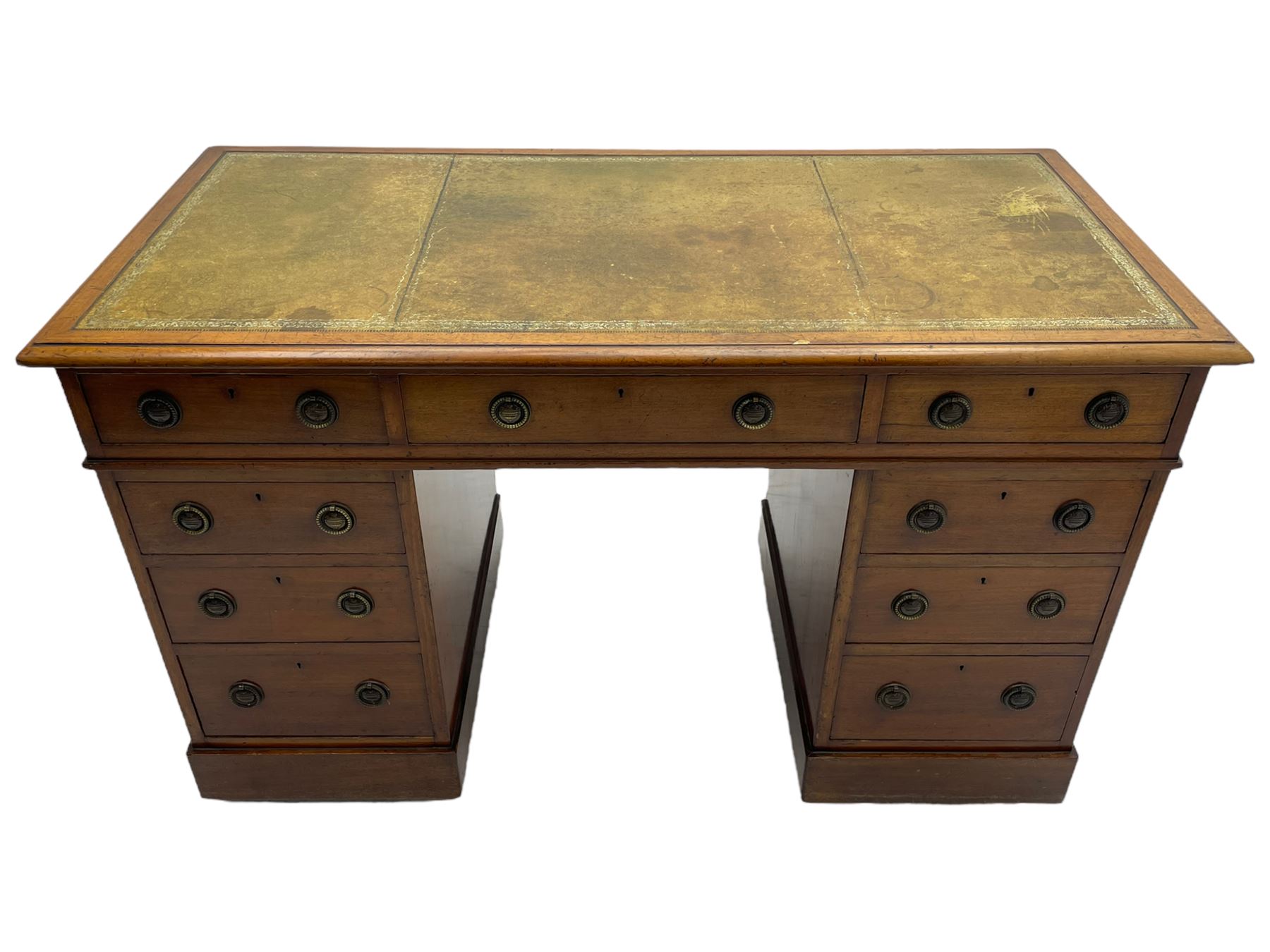 Howard & Sons. - 19th century walnut twin pedestal desk, moulded rectangular top with tooled leather inset, fitted with nine drawers with circular pressed brass handle plates decorated with urns, each drawer fitted with a 'Hobbs, London' lock, on plinth base, the upper right-hand drawer stamped 'Howard & Sons, Berners St.' and with paper label