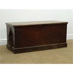 Seaman's camphorwood chest with hinged lid and rope handles, on platform base, stamped W.Cooper Hull, W105cm H48cm D41cm