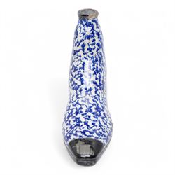19th century Scottish pearlware flask in the form of a boot with sponged blue decoration 16cm x 19cm