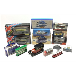 Various makers - seven die-cast models of buses by Corgi, Solido, EFE etc, all boxed; two unboxed models of trams; modern tin-plate Taxi car; and five other boxed die-cast models