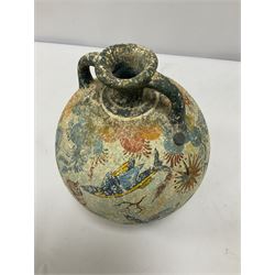 Reproduction Ancient Greek twin handled vase of ovoid form, in the style of Crete Minoan period 1500 B.C, adorned with colourful sea scene of coral and blue fish upon light blue ground, stamped 'From Krete' beneath, H27cm