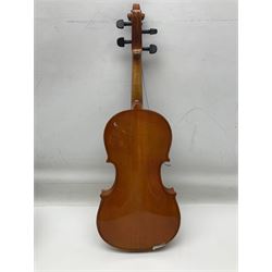 Four student violins - two Chinese three-quarter size with 33.5cm and 34cm two-piece backs; Stringers of Edinburgh quarter size with 28cm two-piece back; and Stentor quarter size with 28cm two-piece back; each in carrying case (4)