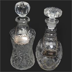 Six crystal decanters, four with silver labels and one with silver plated mount, and one etched glass dinner bell, tallest H30cm 