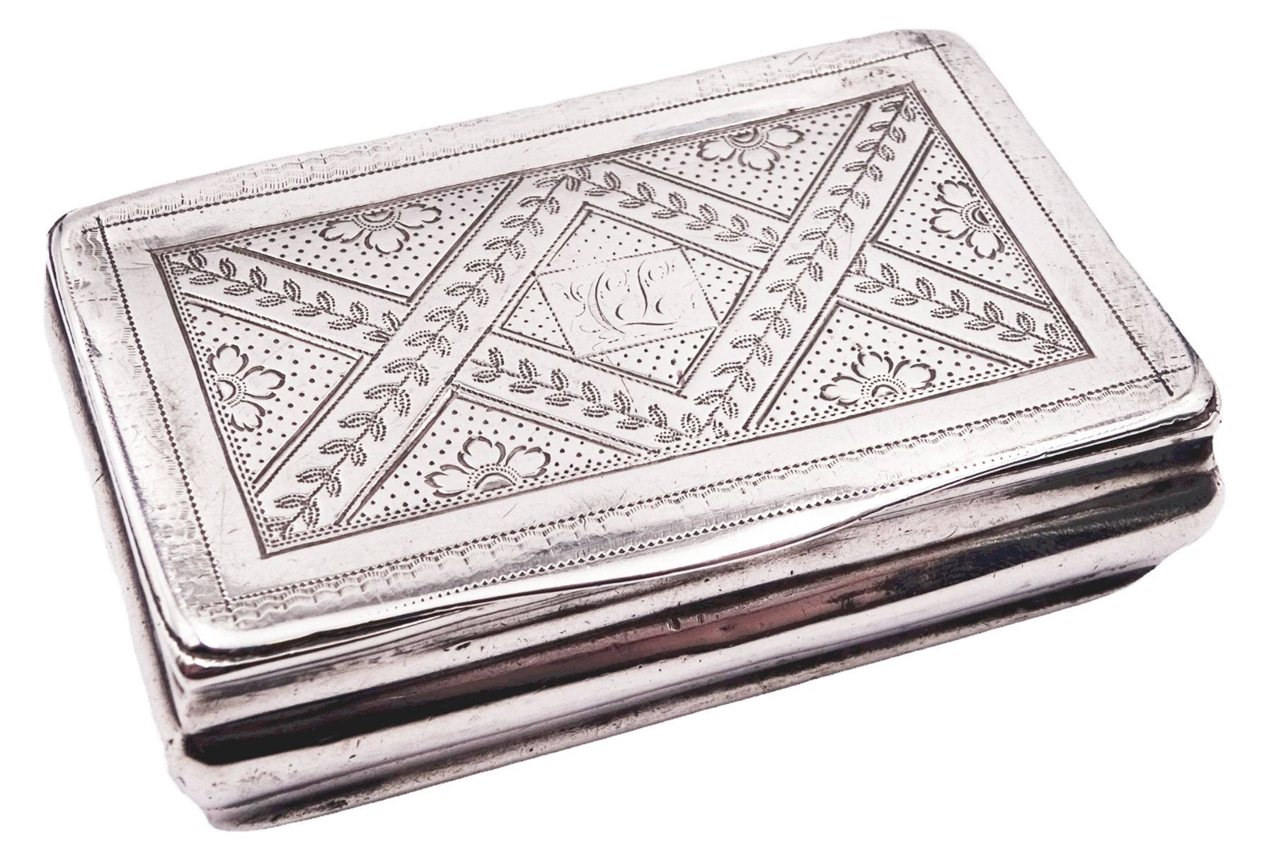 George III silver snuff box, of rectangular form with foliate engraved panel to hinged cover and underside of body, opening to reveal a gilt interior, hallmarked London 1813, makers mark I.B, W6.5cm, approximate 1.86 ozt (57.6 grams)
