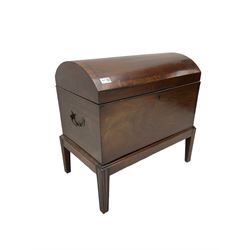 19th century mahogany cellarette, hinged dome top enclosing bottle divisions, on square tapering moulded supports