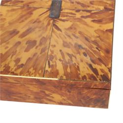 Regency blond tortoiseshell veneered box, the hinged lid with inlaid white metal and central cartouche, H7cm, L26cm