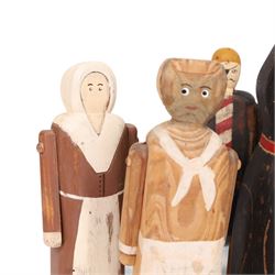 American Folk art figures, by Wolf Creek, comprising two cats, Father Christmas, Mrs Clause, Pirate and three others, with stamps and signatures beneath     
