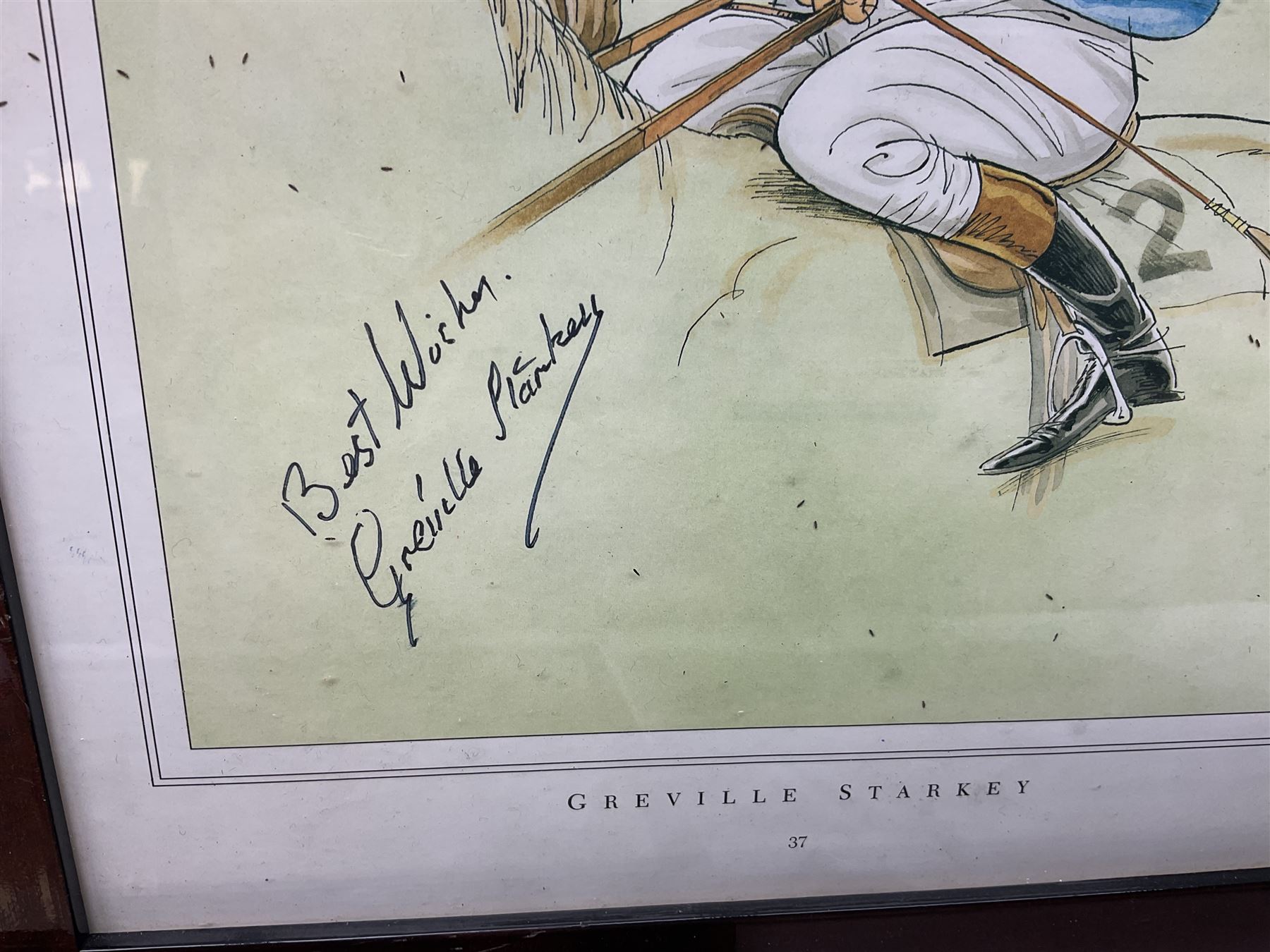 Enamel Horse racing members badges, together with three framed signed racing characters jockey prints, including Steve Smith Eccles, Willie Shoemaker and Greville Starkey, and one other print