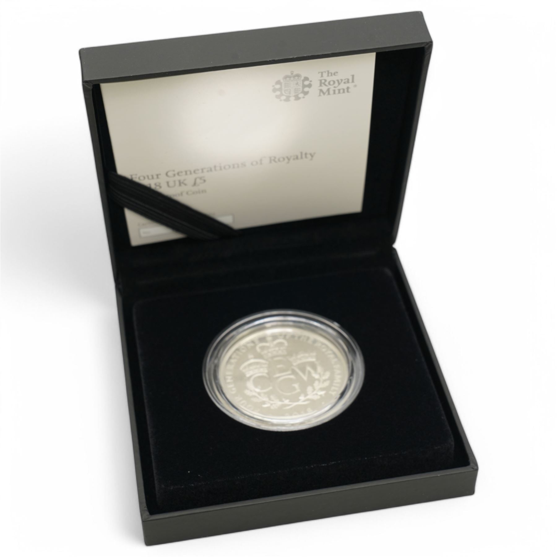Four The Royal Mint United Kingdom silver proof five pound coins, comprising 2013 'The Christening Of HRH Prince George Of Cambridge', 2013 'The Royal Birth', 2014 'The First Birthday Of HRH Prince George Of Cambridge' and 2018 'Four Generations of Royalty', all cased with certificates