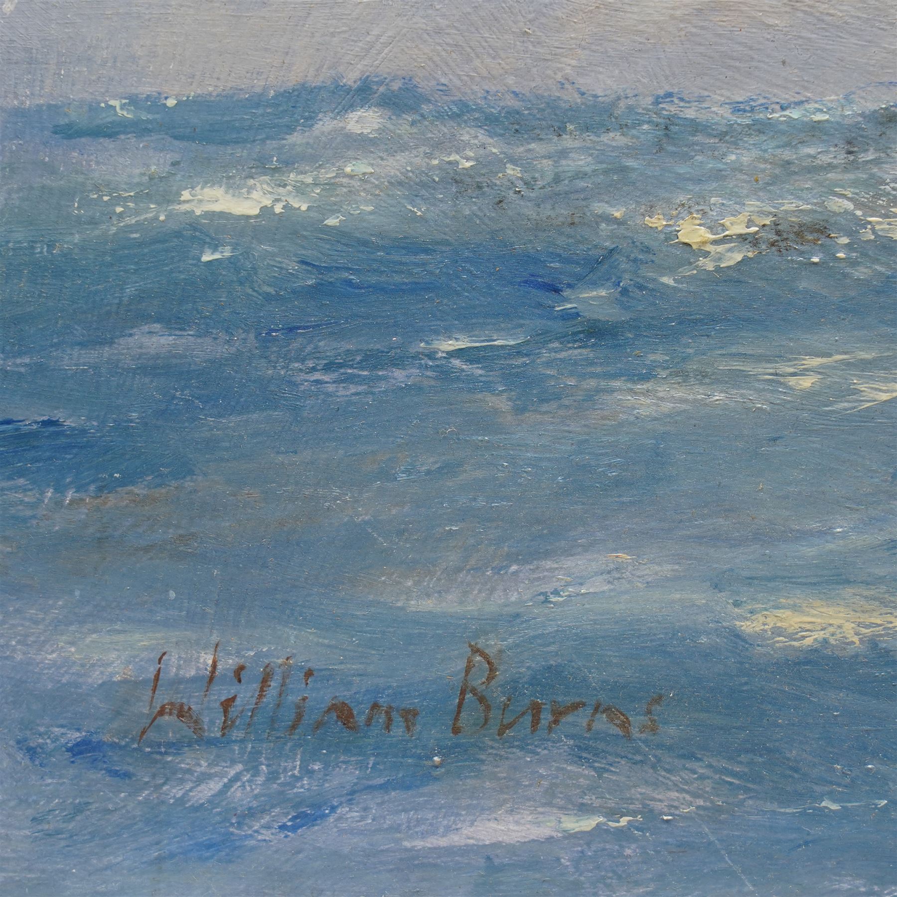 William Burns (Northern British 1923-2010): 'Tall Ships - A Gaff Cutter', oil on board signed, titled verso 41cm x 51cm (unframed) Provenance: Direct from the family of the artist. 
Notes: Born in Sheffield in 1923, William Burns RIBA FSAI FRSA studied at the Sheffield College of Art before the outbreak of the Second World War, during which he helped illustrate the official War Diaries for the North Africa Campaign, and was elected a member of the Armed Forces Art Society. On his return, he studied architecture at Sheffield University and later ran his own successful practice, being a member of the Royal Institute of British Architects. However, painting had always been his self-confessed 'first love', and in the 1970s he gave up architecture to become a full-time artist, having his first one-man exhibition in 1979.