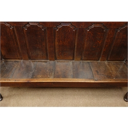  Georgian Oak Settle, back with five fielded panels, solid seat with cabriole legs, W187cm, H101cm, D48cm  